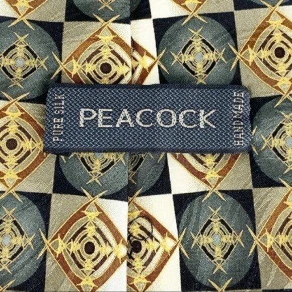HANDMADE Geometric Silk Necktie - PEACOCK 100% Tie - Picture 6 of 8